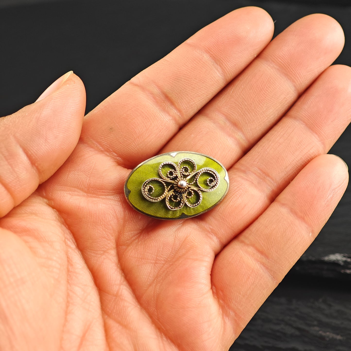 Norway Filigree, Green Enamel Sterling Silver Brooch B2194