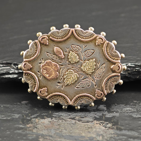 Victorian Gold Accent, Floral Sterling Silver Brooch B2196
