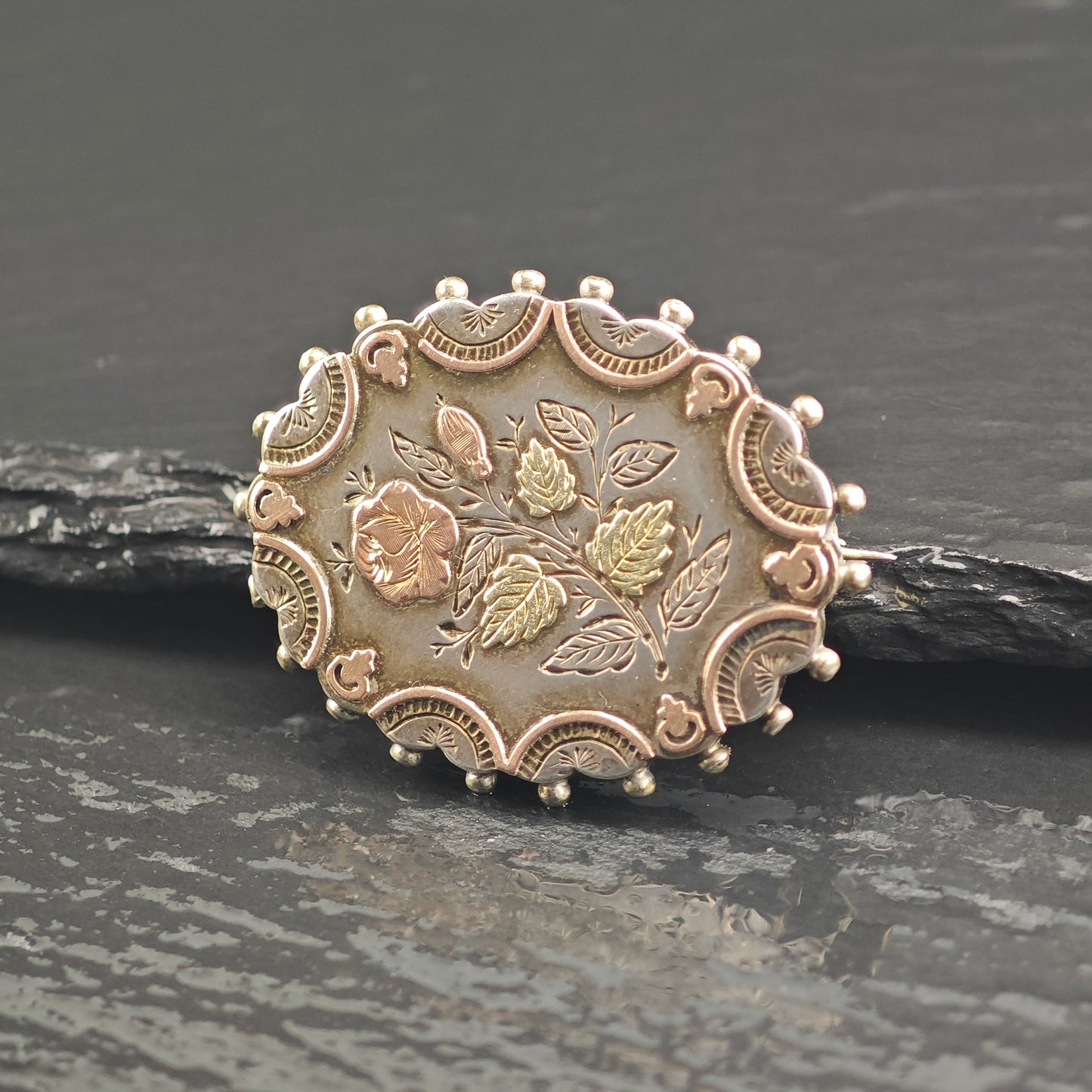 Victorian Gold Accent, Floral Sterling Silver Brooch B2196