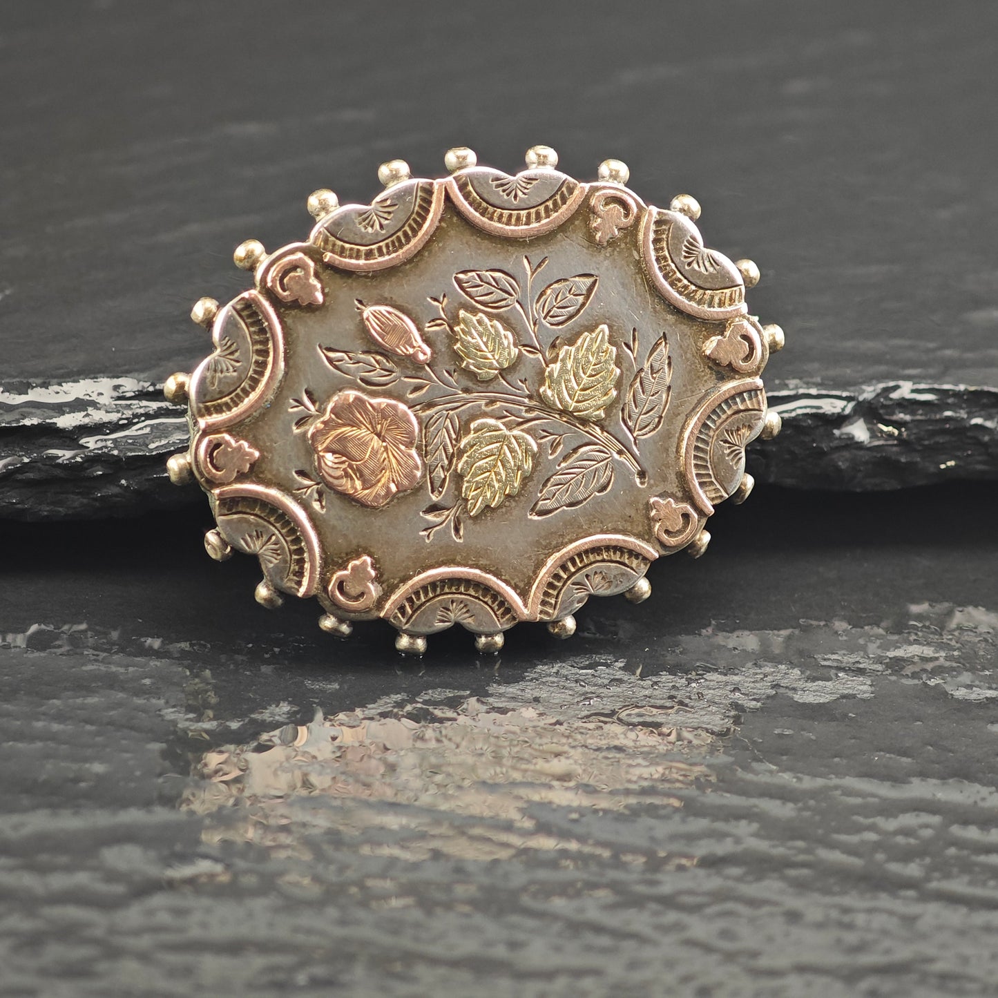 Victorian Gold Accent, Floral Sterling Silver Brooch B2196