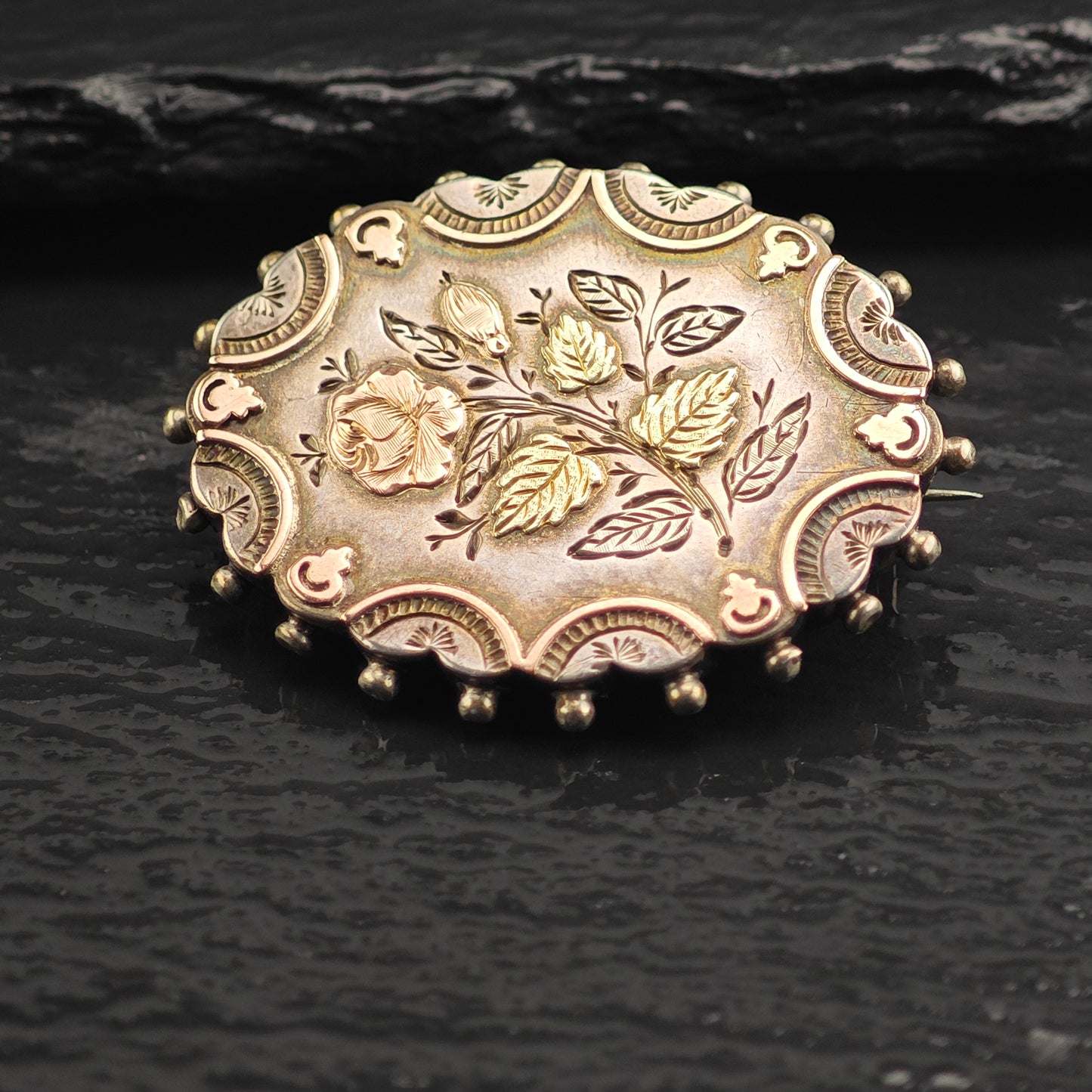 Victorian Gold Accent, Floral Sterling Silver Brooch B2196