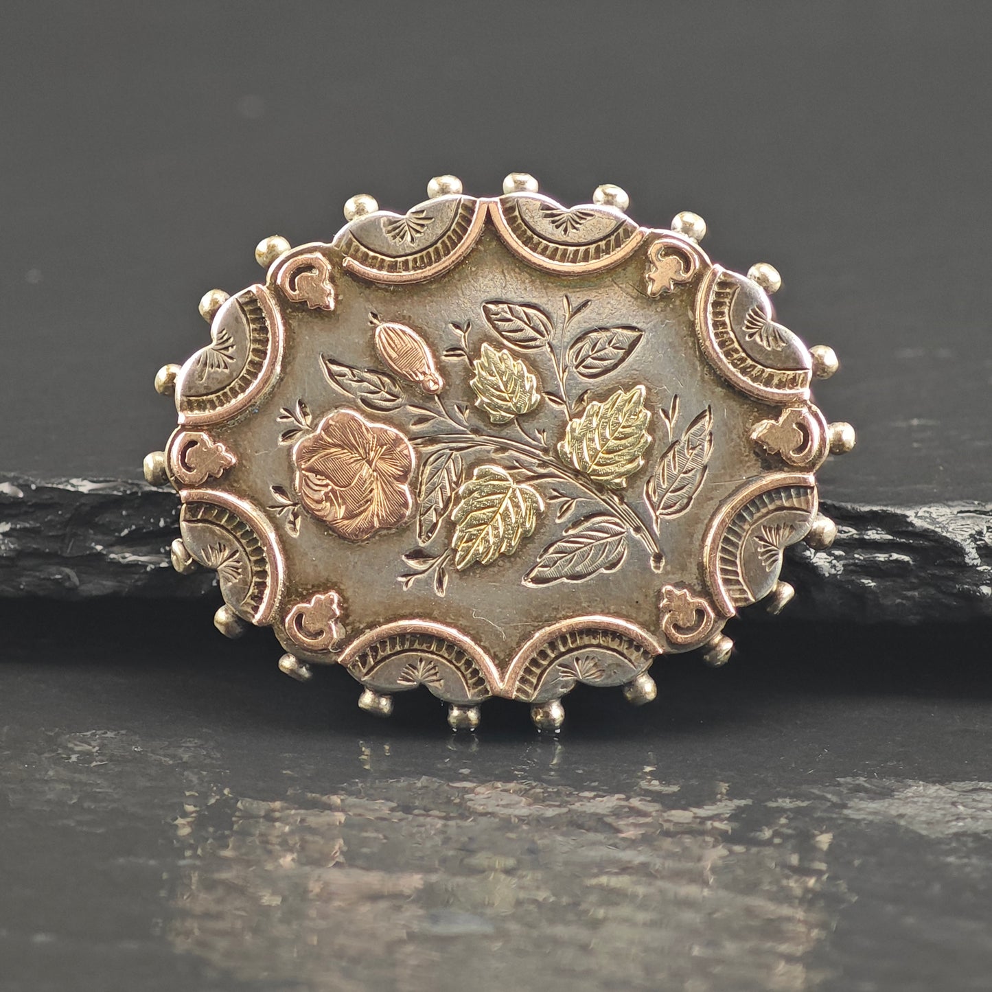 Victorian Gold Accent, Floral Sterling Silver Brooch B2196
