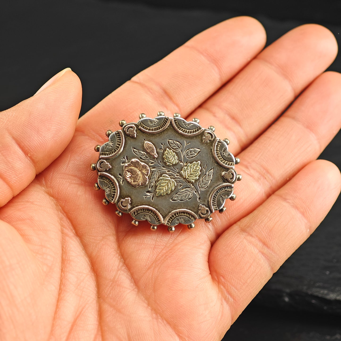 Victorian Gold Accent, Floral Sterling Silver Brooch B2196