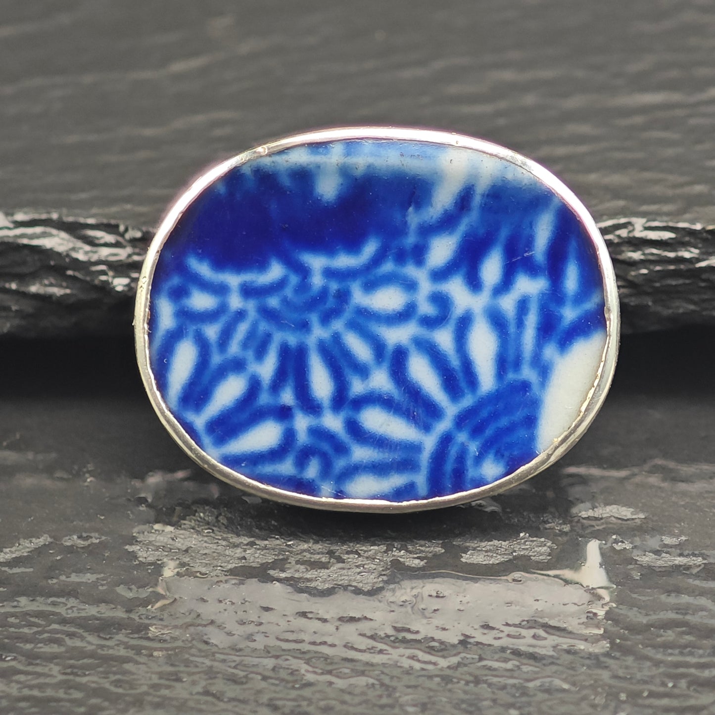 Blue,White Porcelain Shard Sterling Silver Brooch B2200