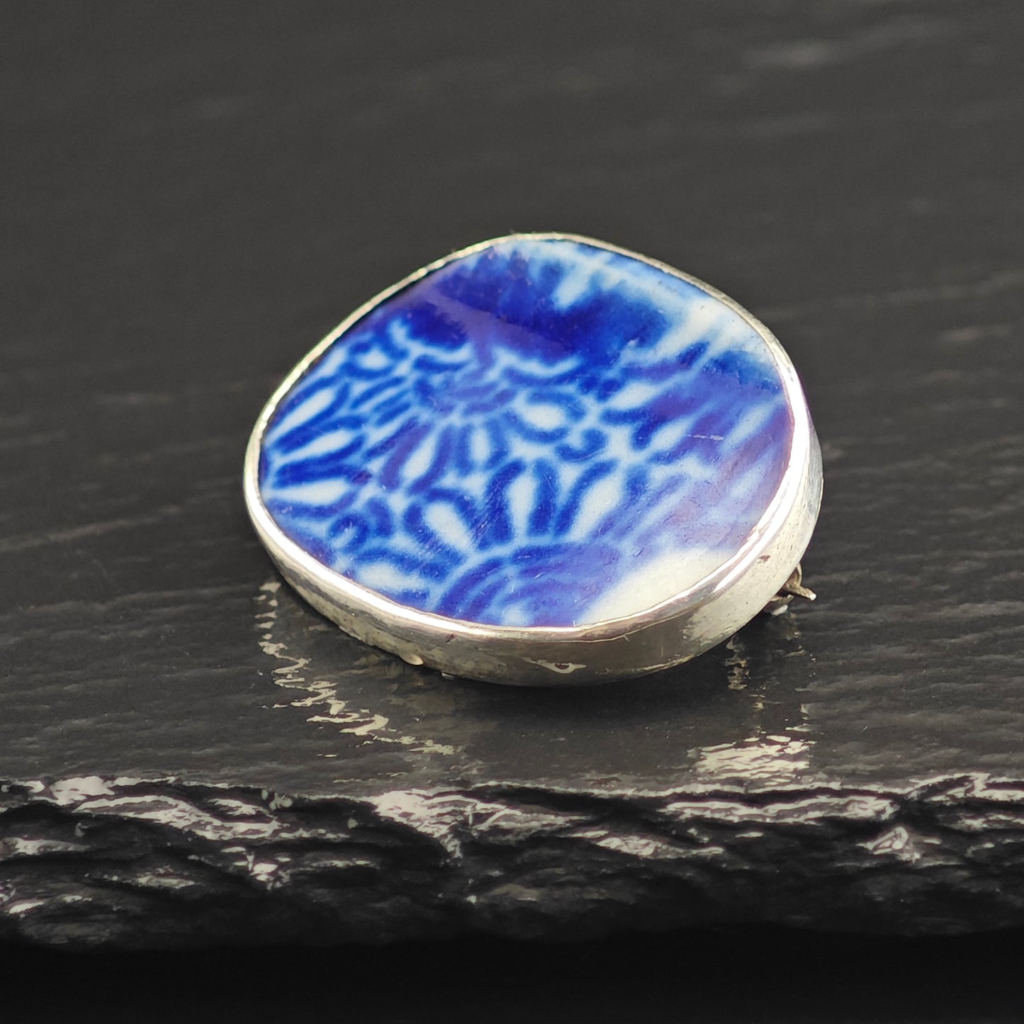 Blue,White Porcelain Shard Sterling Silver Brooch B2200