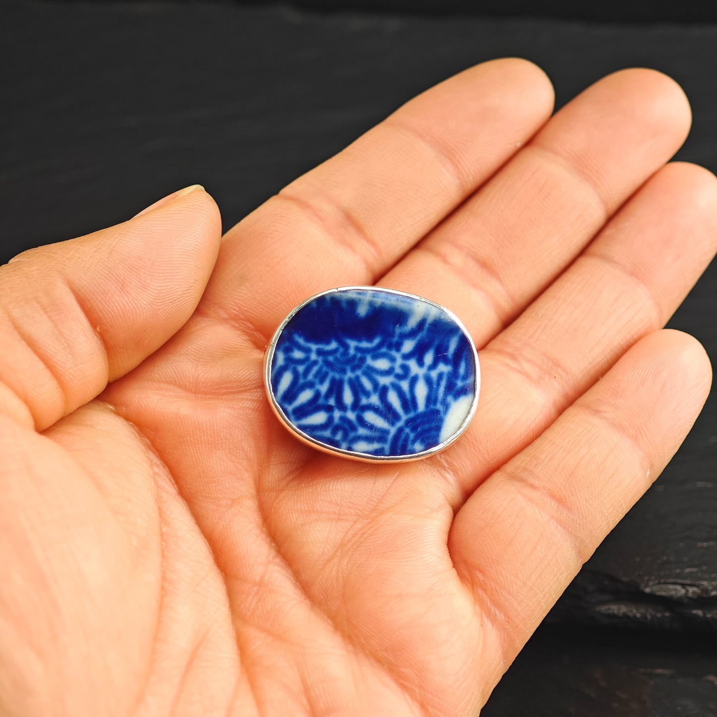 Blue,White Porcelain Shard Sterling Silver Brooch B2200