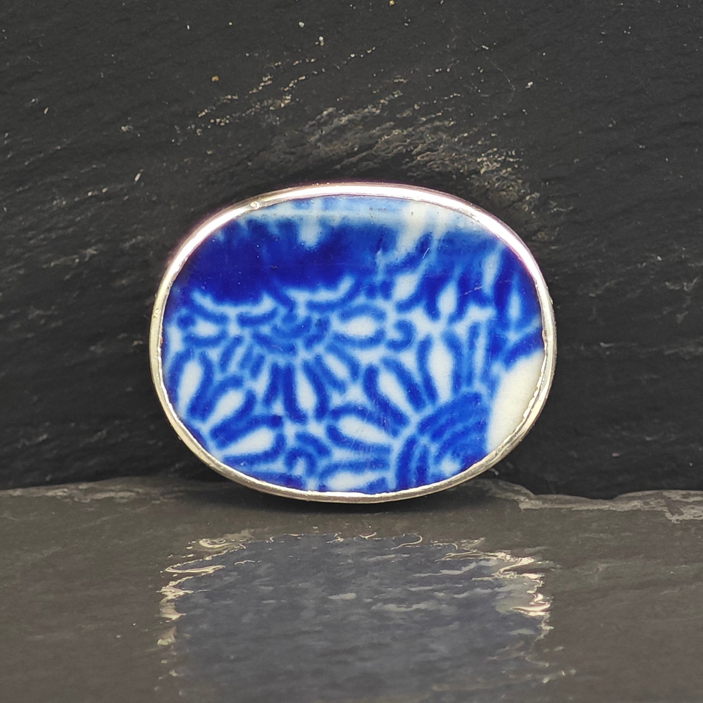 Blue,White Porcelain Shard Sterling Silver Brooch B2200
