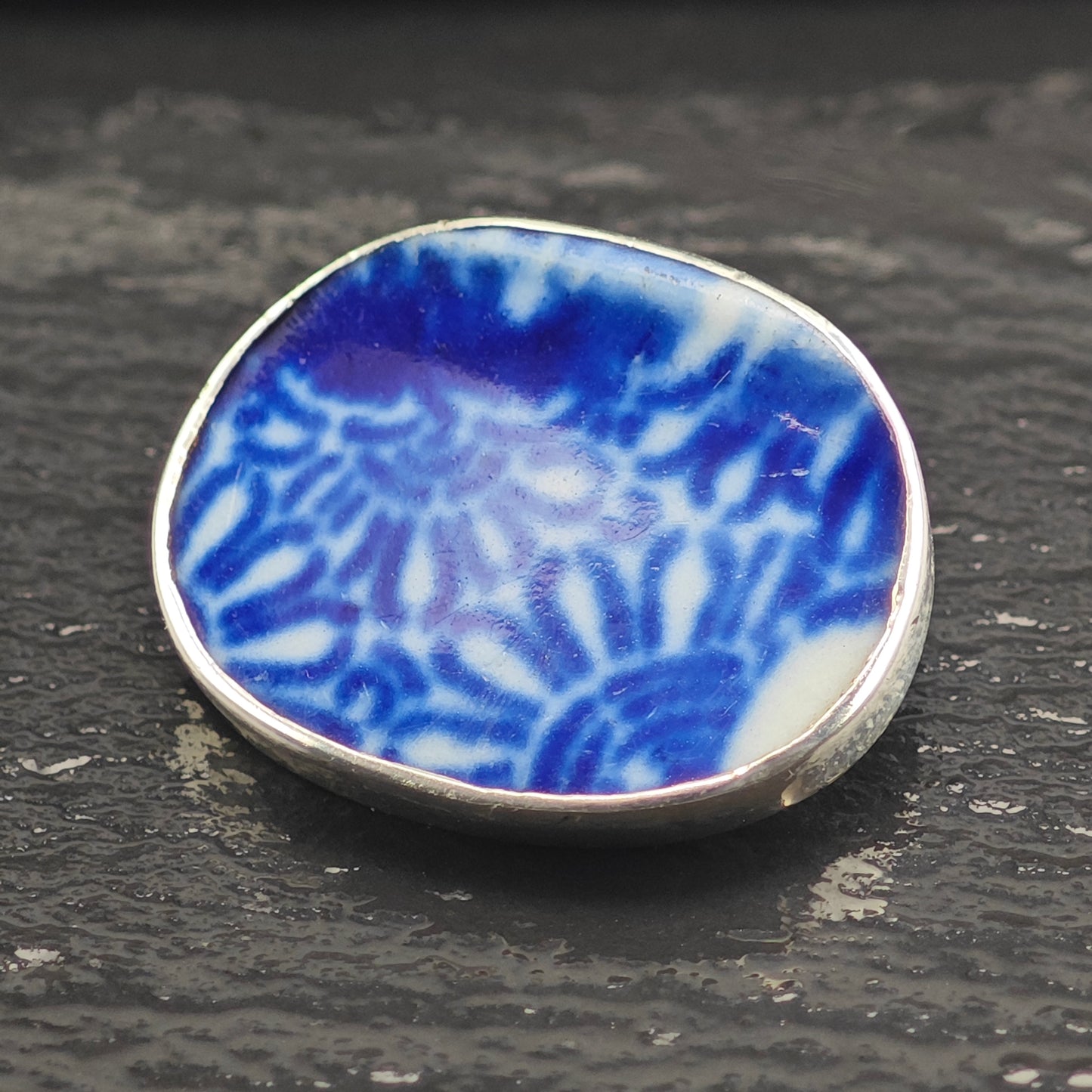 Blue,White Porcelain Shard Sterling Silver Brooch B2200