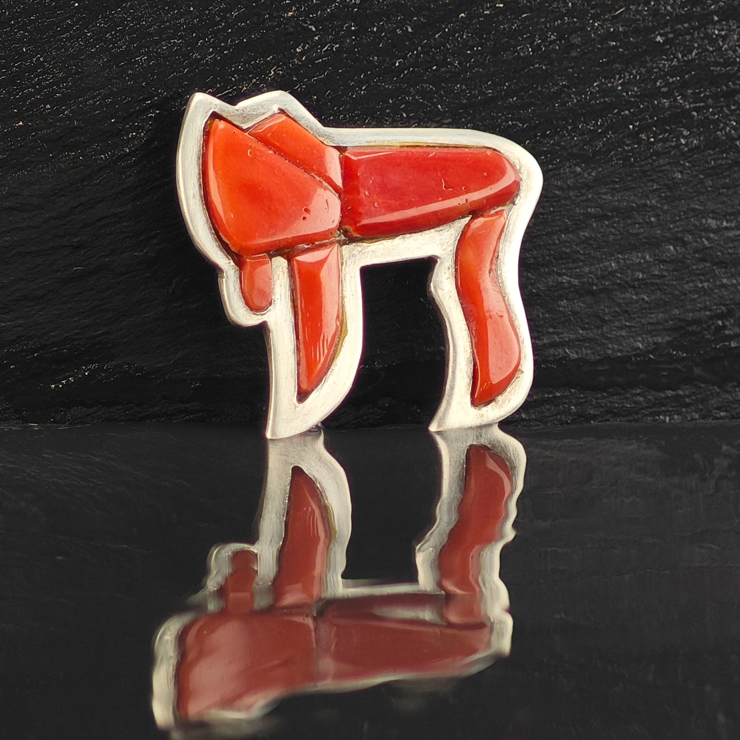 Chai Coral Inlay Sterling Silver Pendant P2991