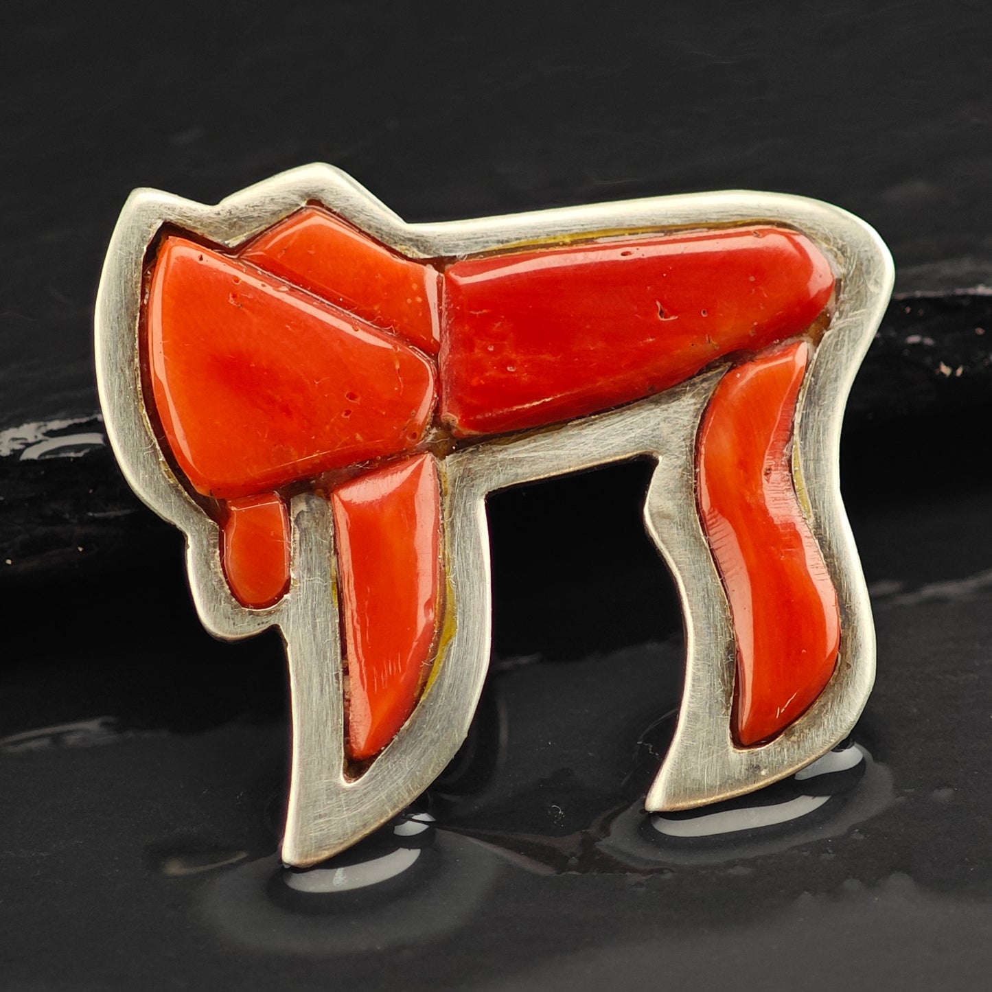 Chai Coral Inlay Sterling Silver Pendant P2991