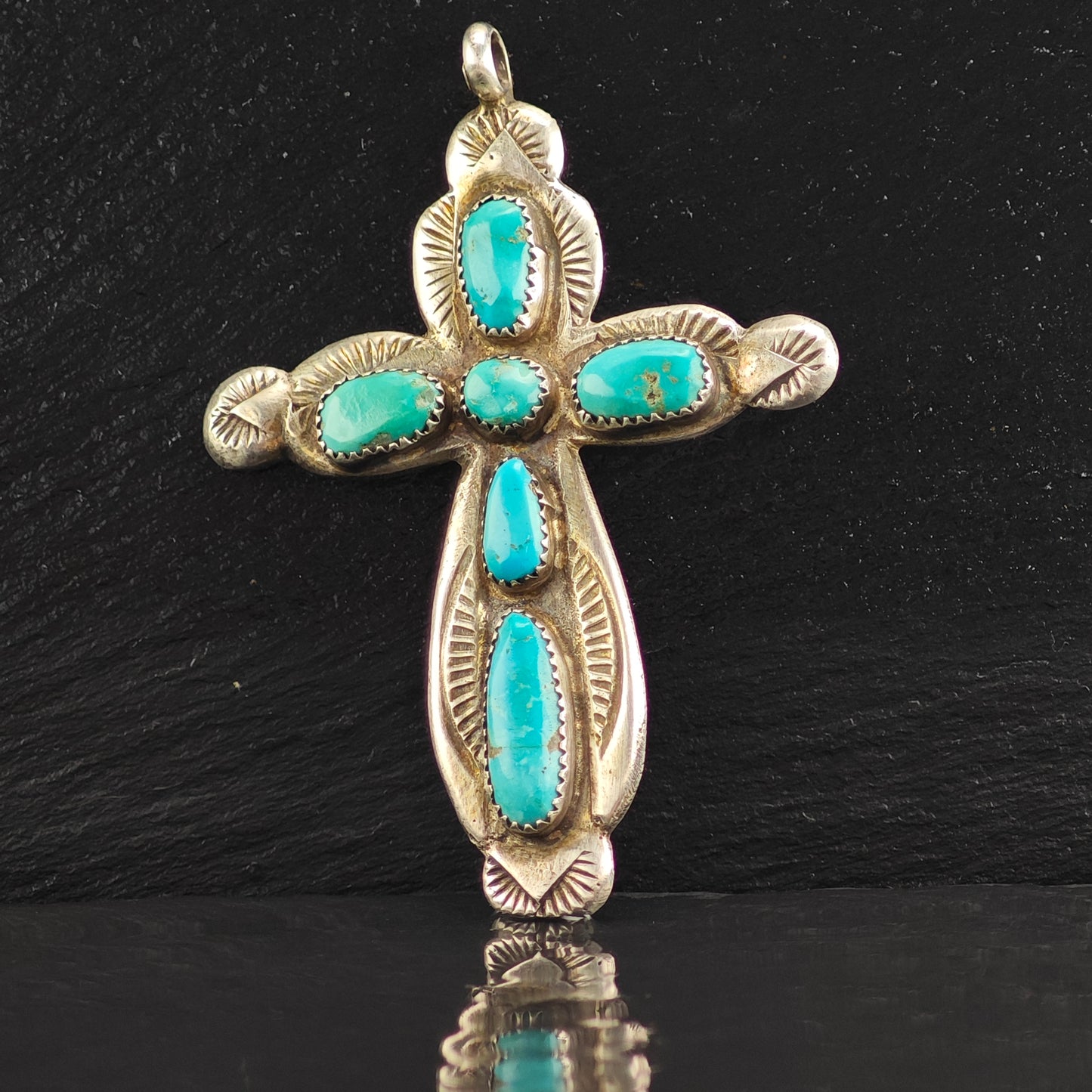 Zuni Turquoise Cross Sterling Silver Pendant Horace Iule P3001
