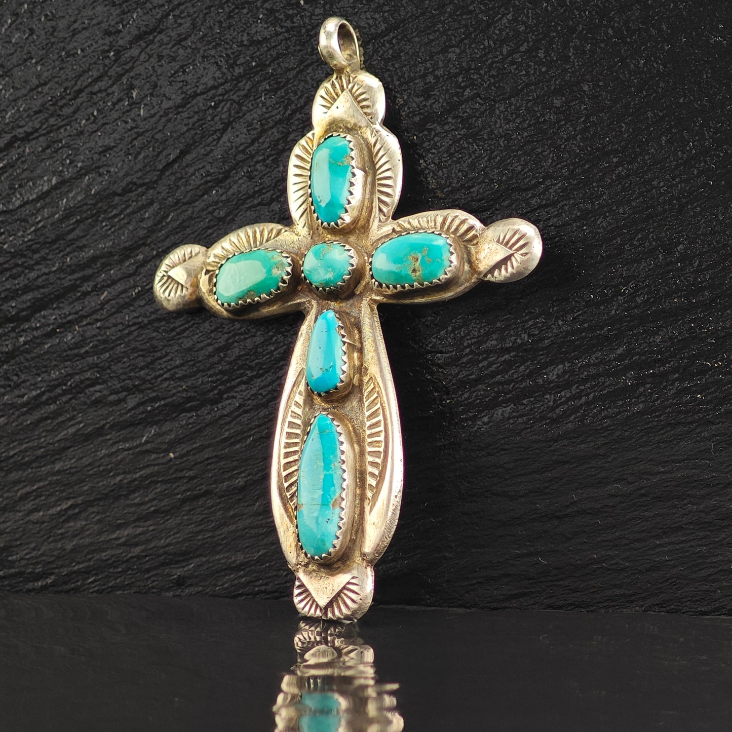 Zuni Turquoise Cross Sterling Silver Pendant Horace Iule P3001