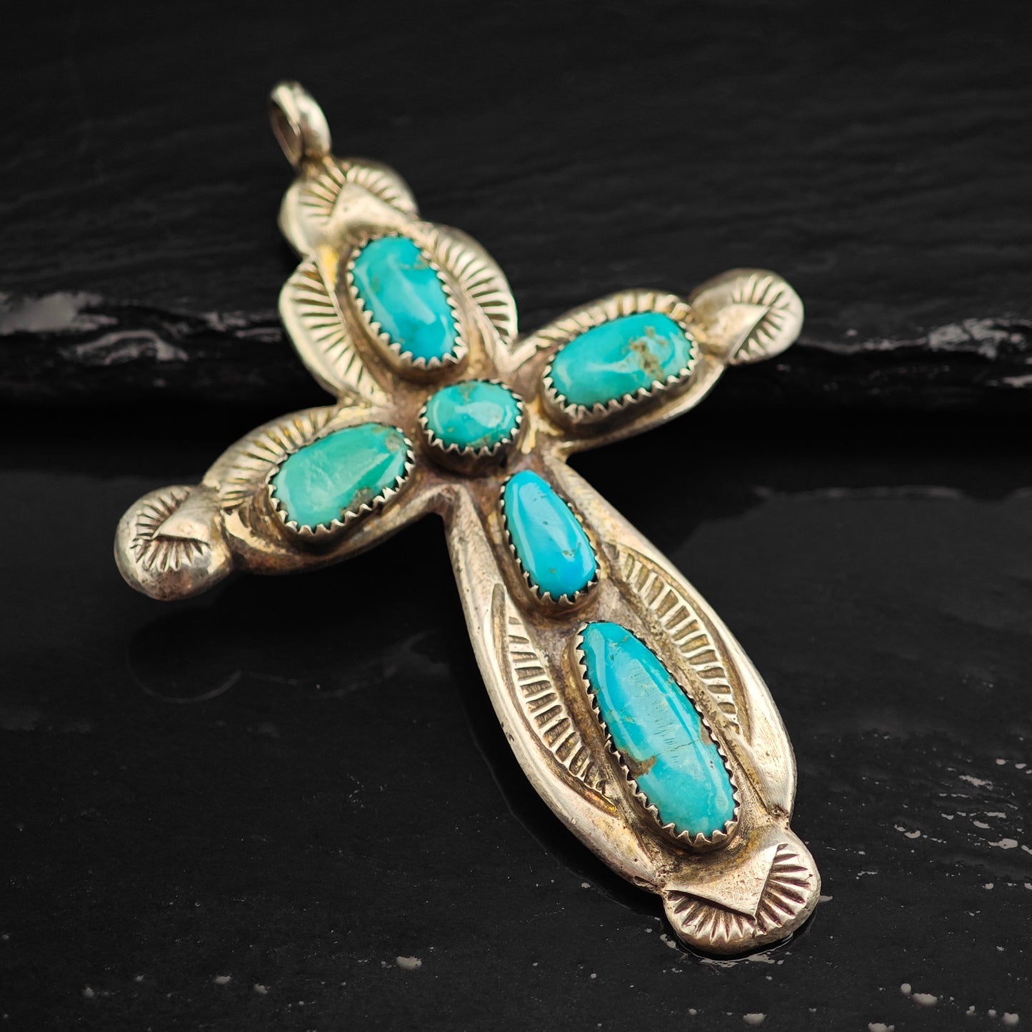 Zuni Turquoise Cross Sterling Silver Pendant Horace Iule P3001