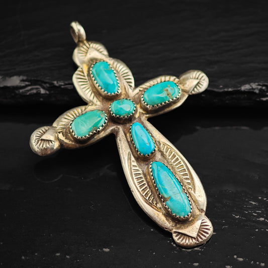 Zuni Turquoise Cross Sterling Silver Pendant Horace Iule P3001