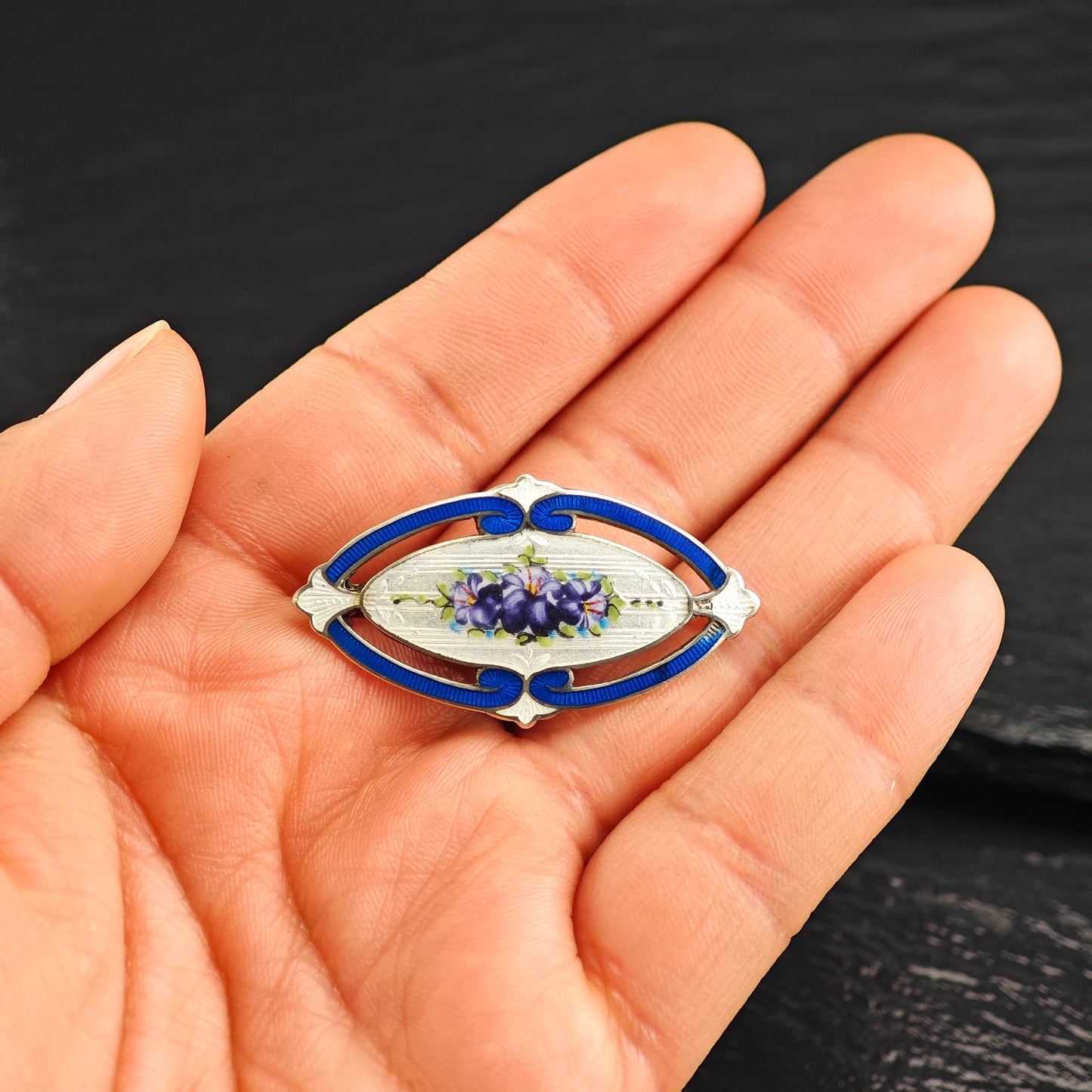 AS IS, Enamel Sterling Silver Floral Brooch B2202