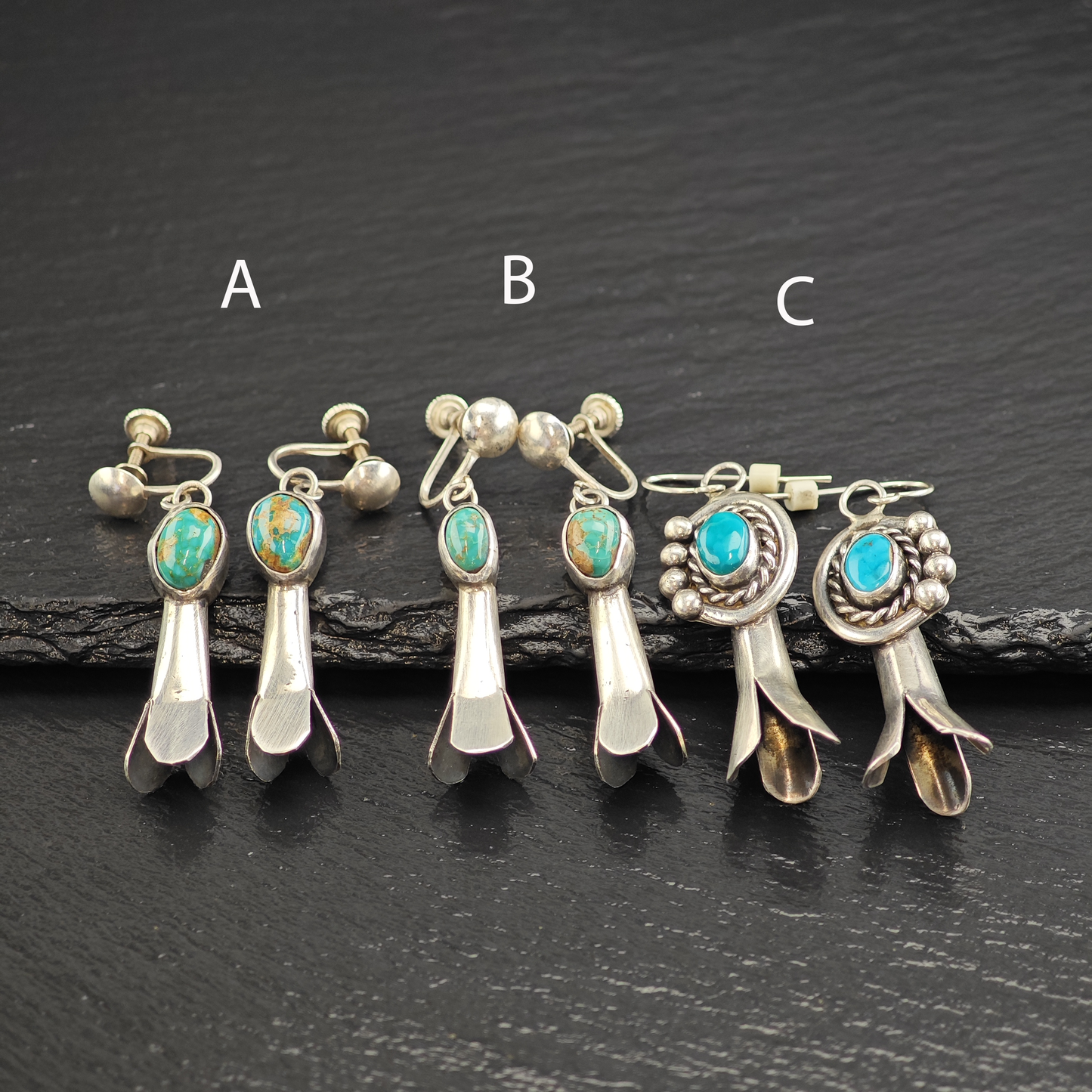 Choice of Native American Squash Blossom Turquoise Sterling Silver Earrings