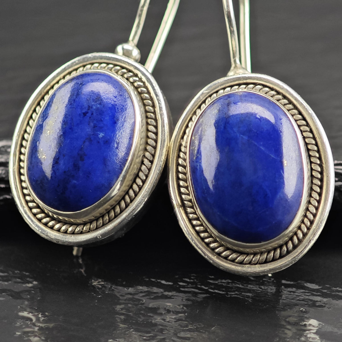 Vintage Lapis Oval Sterling Silver Dangle Earrings ER3215
