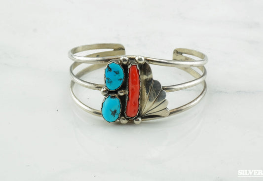 Classic Navajo Coral Turquoise Sterling Silver Cuff Bracelet Blue Red Native American