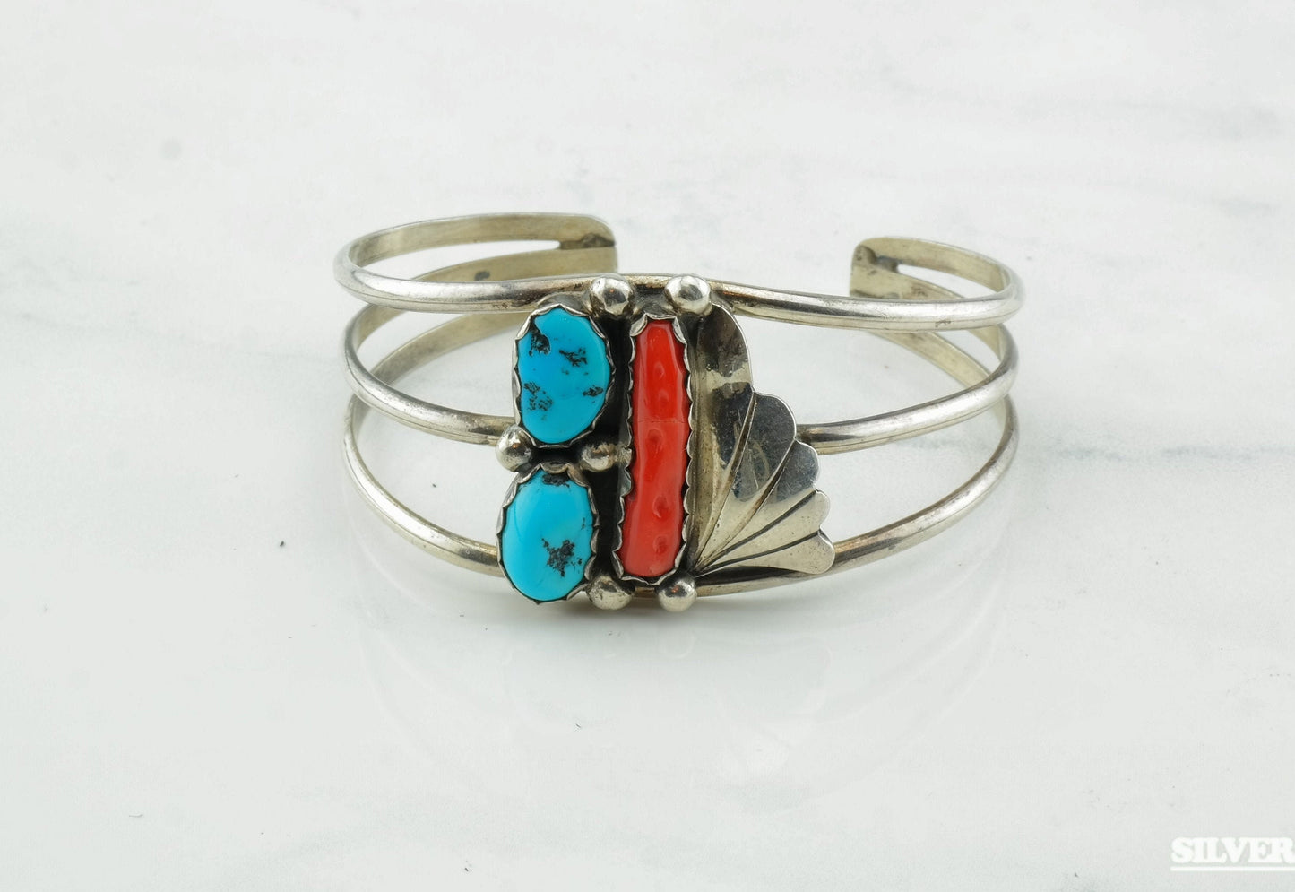 Native American Silver Cuff Bracelet Sterling Turquoise Coral