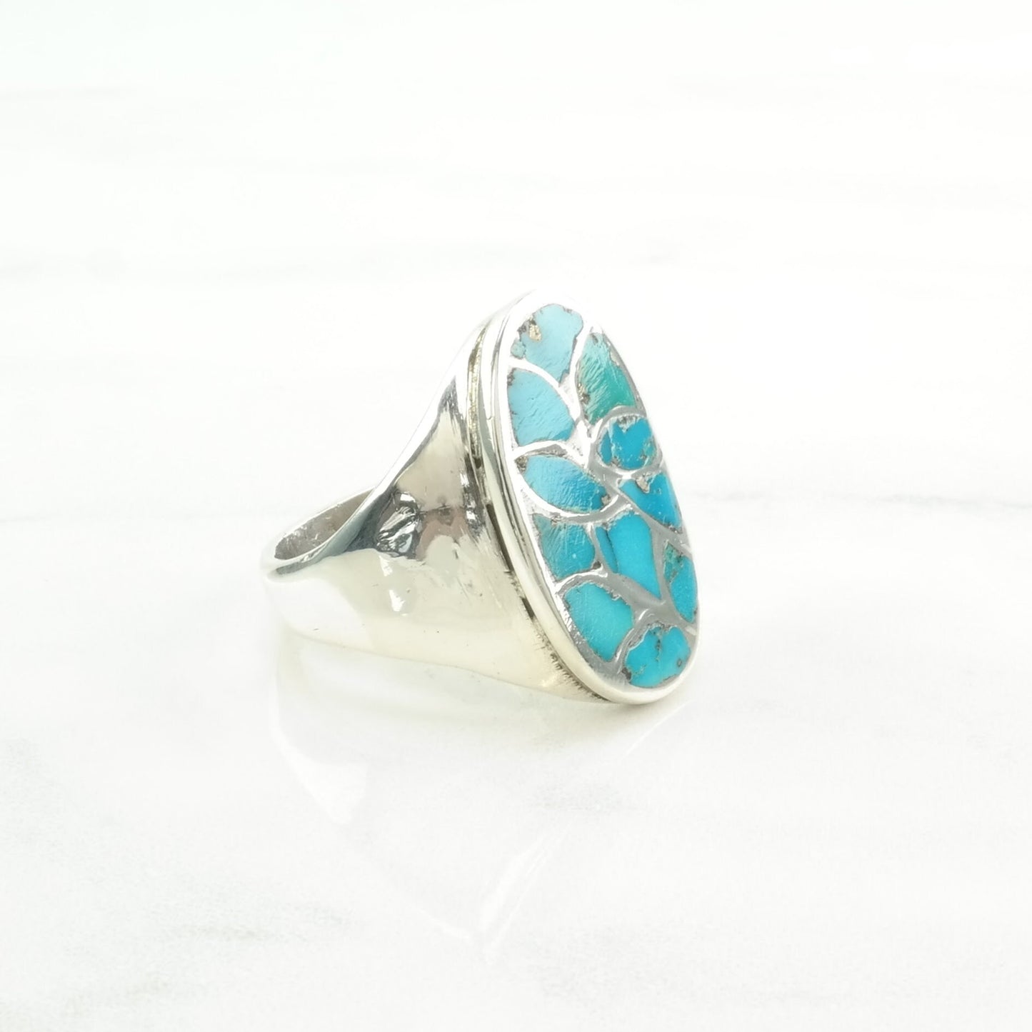 Southwest Silver Ring Turquoise Inlay, Fishscale Sterling Blue Size 11 1/4