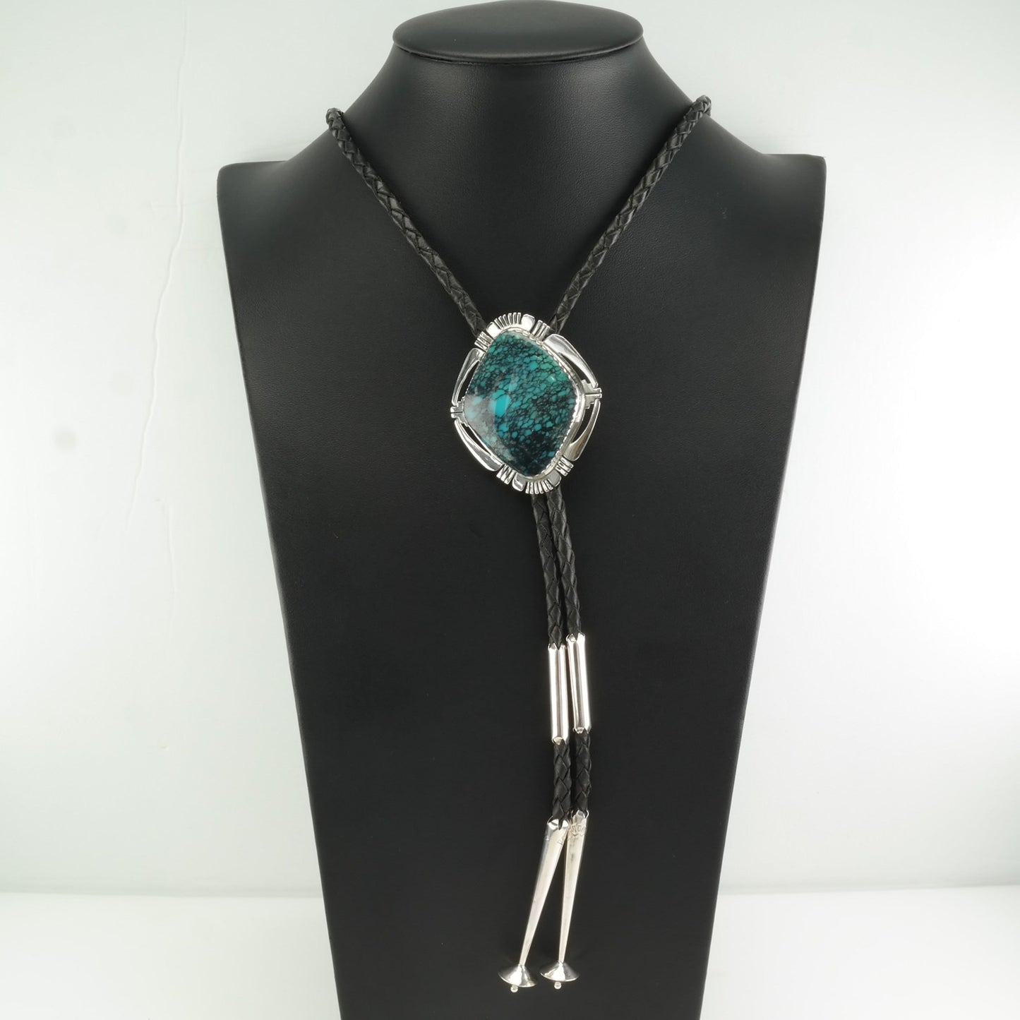 Vintage Native American Sterling Silver Blue Spidewerb, Turquoise Bolo Tie