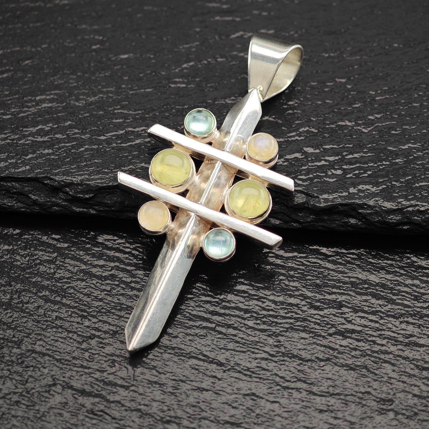 Vintage DTR Moonstone, Prehnite, Topaz Cross Pendant Sterling Silver