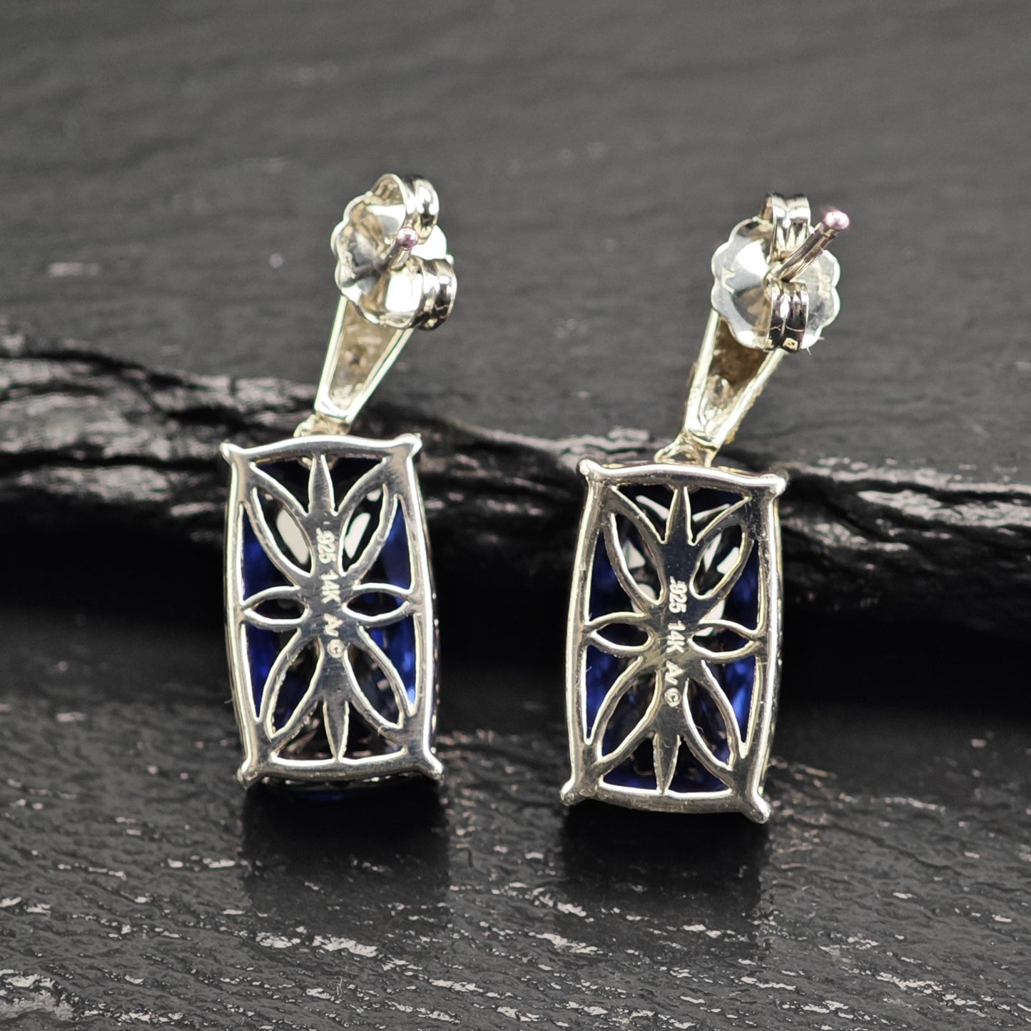 Designer Blue Lab Sapphire, 14K Gold Accent Sterling Silver Stud Earrings ER3183