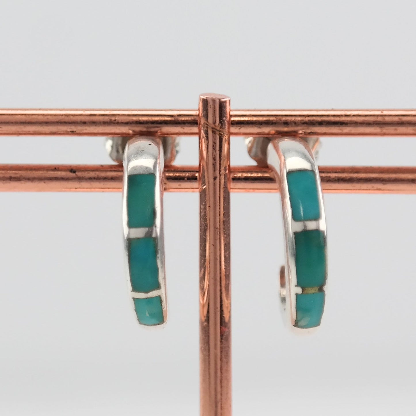 Southwest Sterling Silver Turquoise Inlay Earrings Hoop