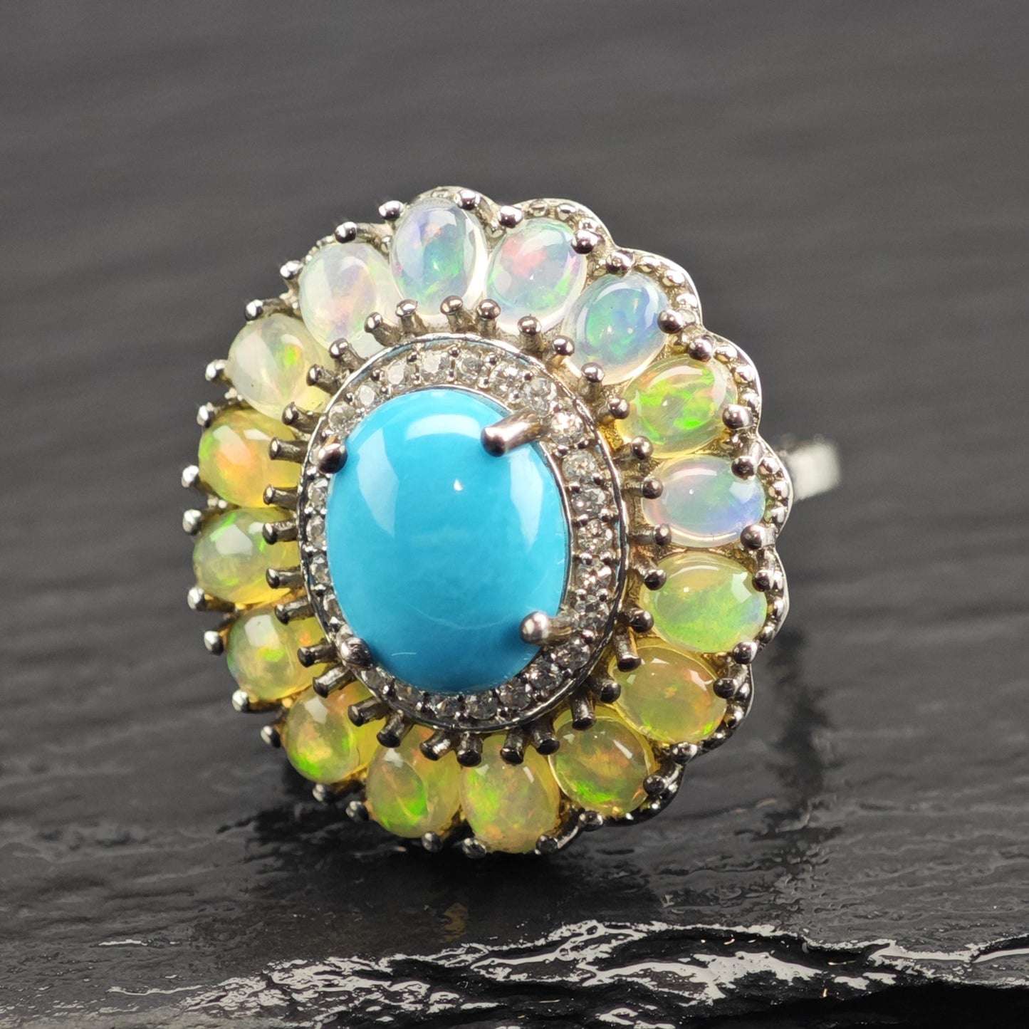 Vintage Turquoise & Opal Sterling Silver Ring Sz 5 1/4 R6612