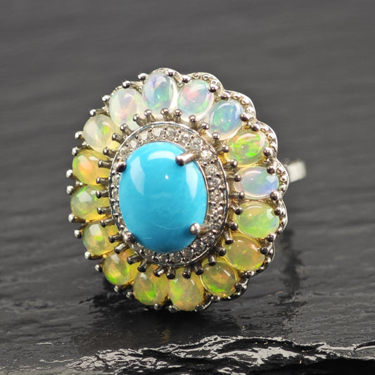 Vintage Turquoise & Opal Sterling Silver Ring Sz 5 1/4 R6612