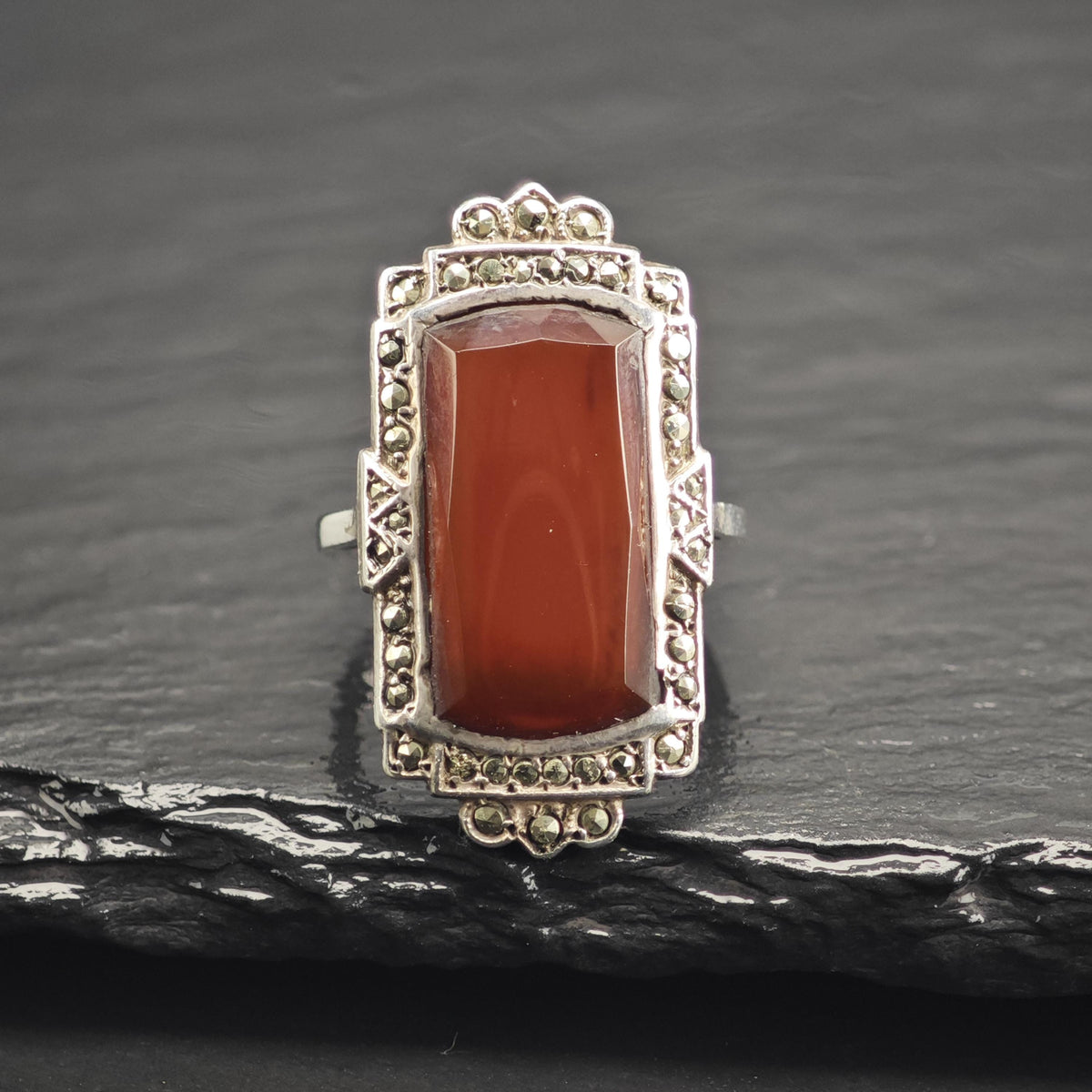 Art Deco Carnelian Sterling Silver Ring Sz 5 3/4 R6755