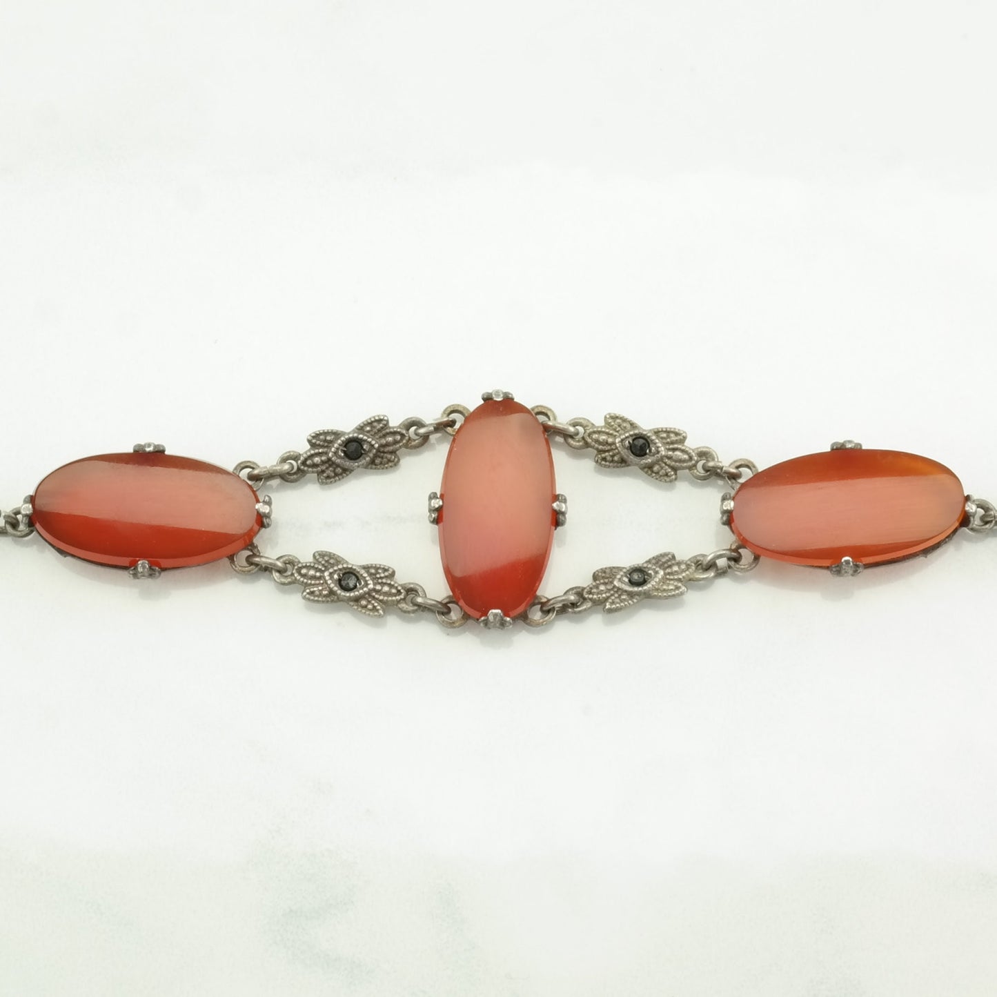 Vintage Art Deco Sterling Silver Link Bracelet Red Carnelian