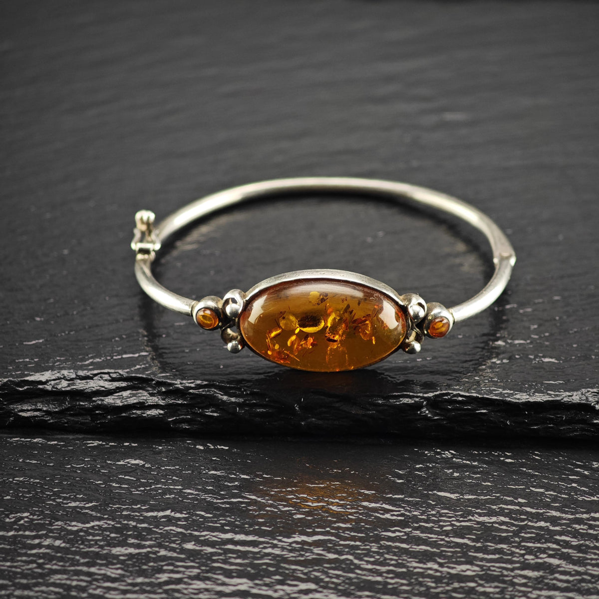 Oval Amber Sterling Silver Bangle Sz 6 1/4" BR3187