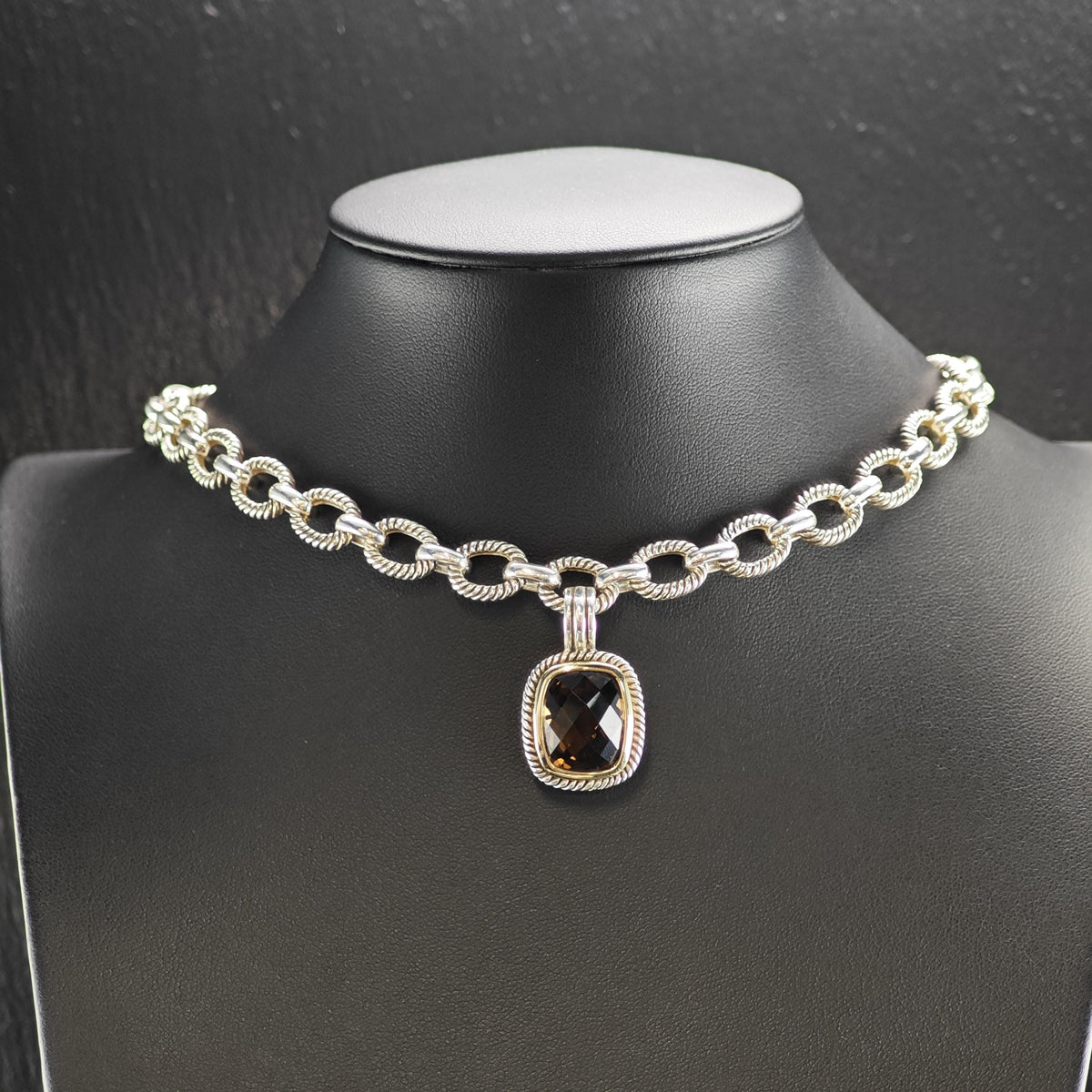 Vintage Michelle Albala Smoky Quartz Gold Bezel Sterling Silver Necklace N2783