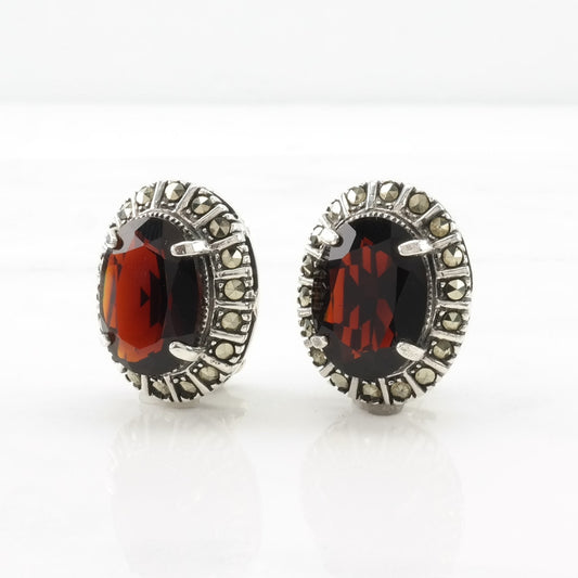 Vintage Sterling Silver Clip On Earrings Red Dark Garnet Marcasite