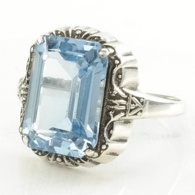 Art Deco Silver Ring Synthetic Spinel Sterling Blue Size 6 3/4