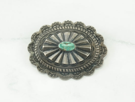 Southwestern Native American Sterling Silver Green Royston Turquoise Brooch Concho