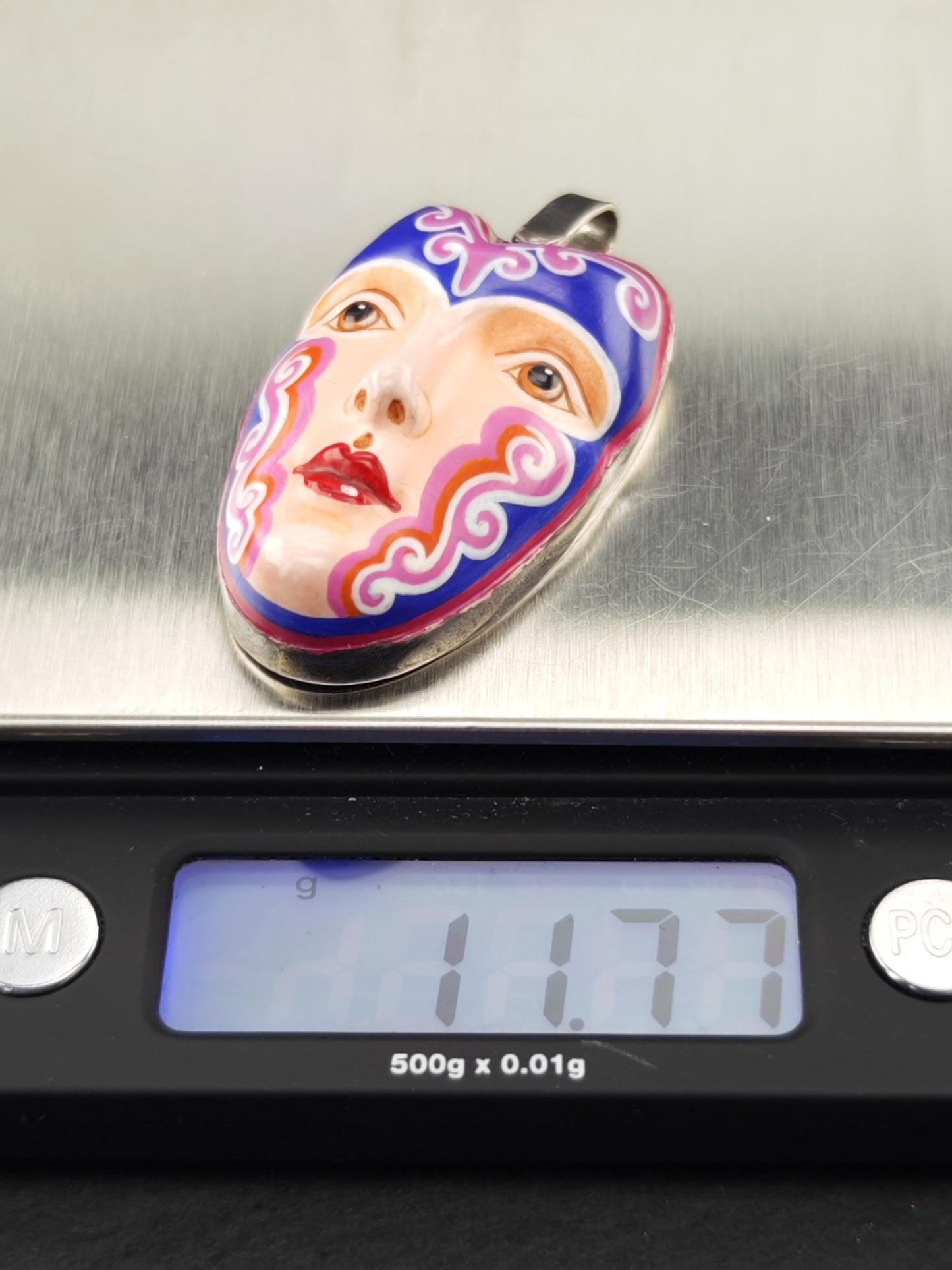 Sergio Bustamante Enamel, Women's Face Brooch/Pendant Sterling Silver