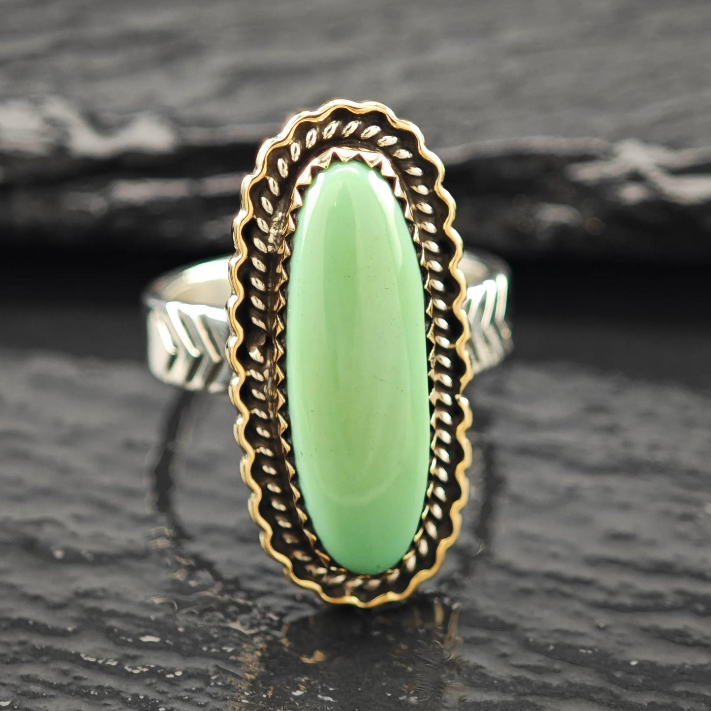 Long DTR Green Variscite Ring Sterling Silver, Brass Accent Sz 7 R5949