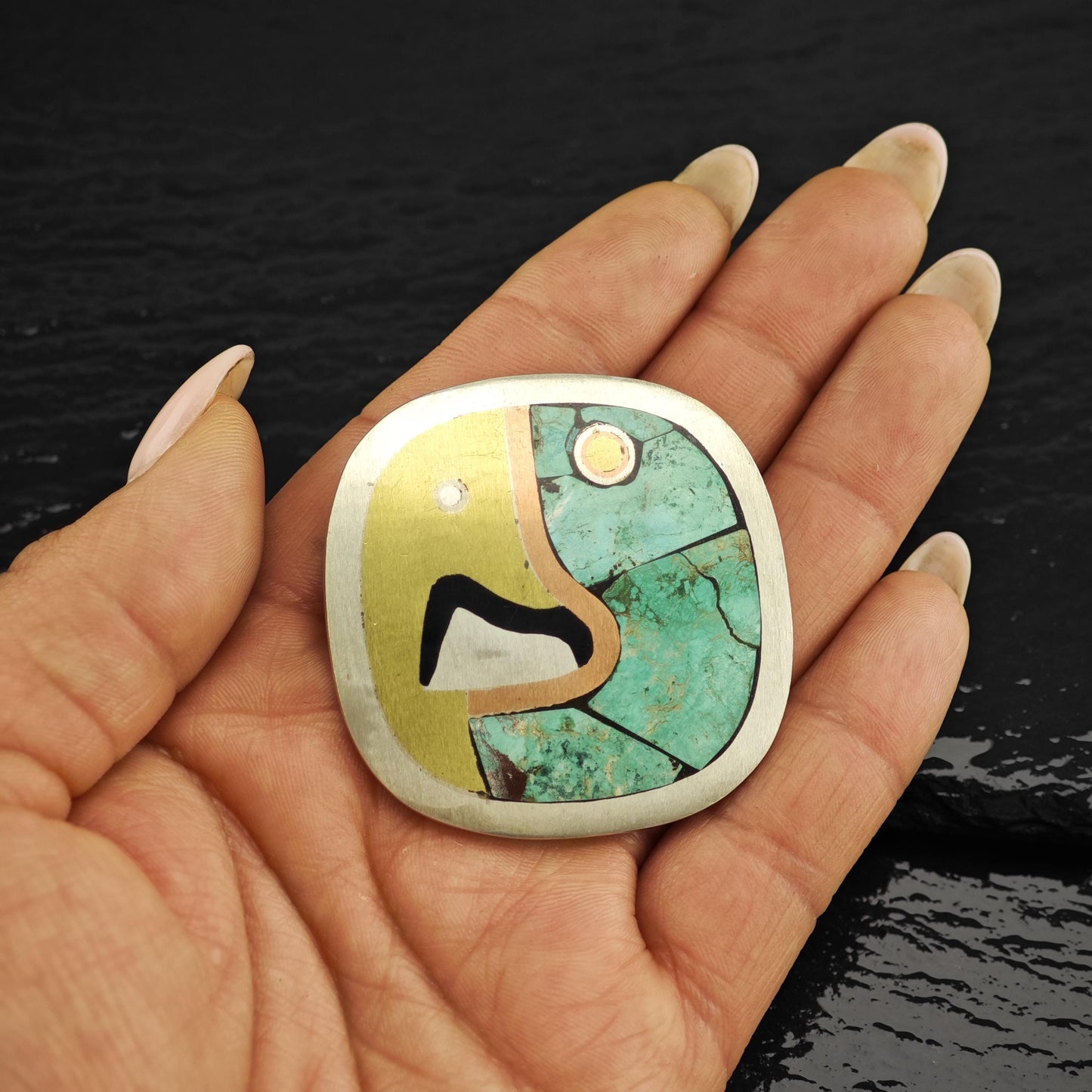 Taxco Abstract Brooch Pendant Multi-Color Mixed Metal Design Sterling Silver