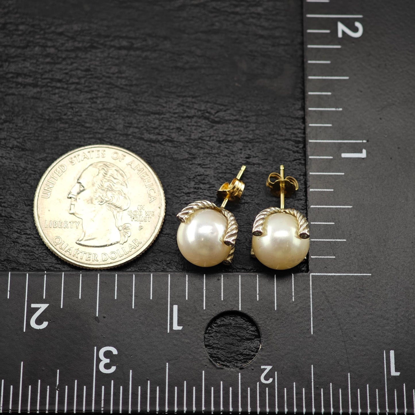 Vintage David Yurman White Pearl, Diamond 14k Gold Post Sterling Silver Stud Earrings