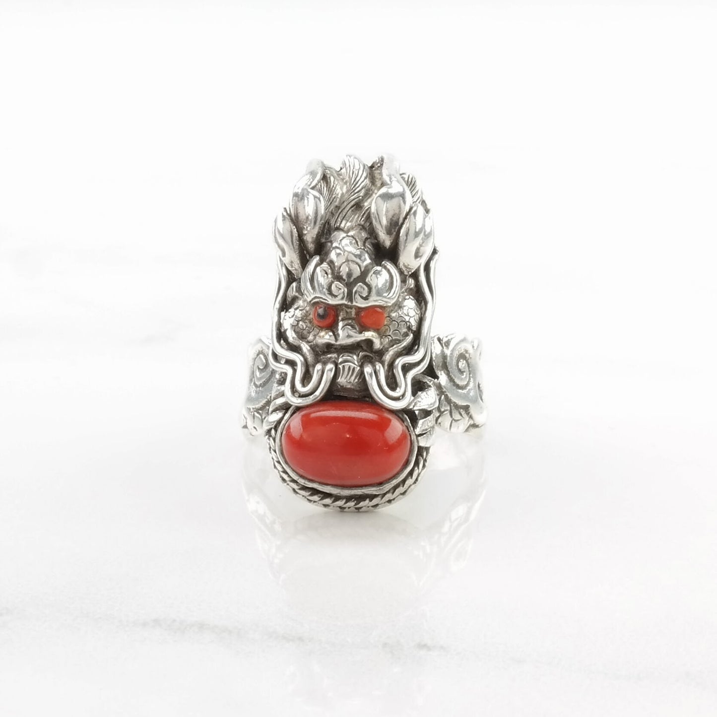 Chinese Export Silver Ring Coral Dragon Sterling Red Size 6 3/4