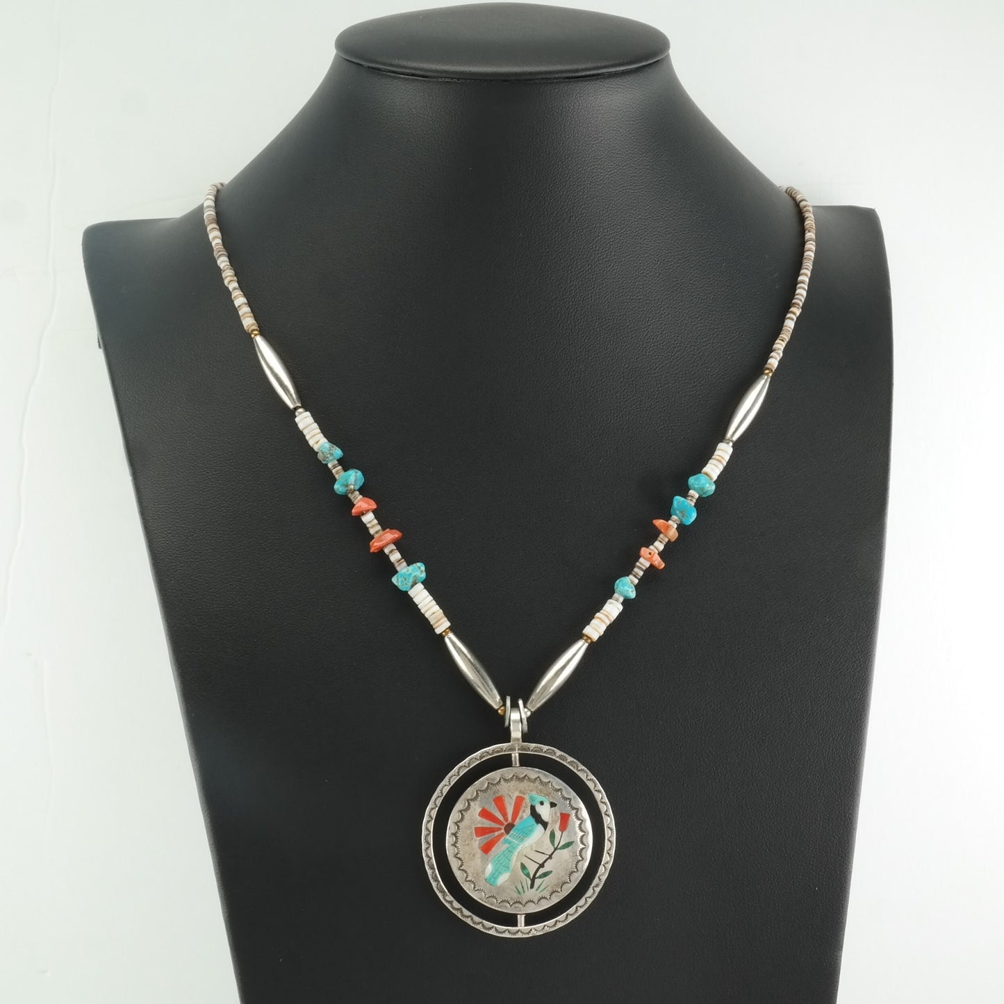 Native American Sterling Silver Turquoise, Coral Bird Inlay Necklace