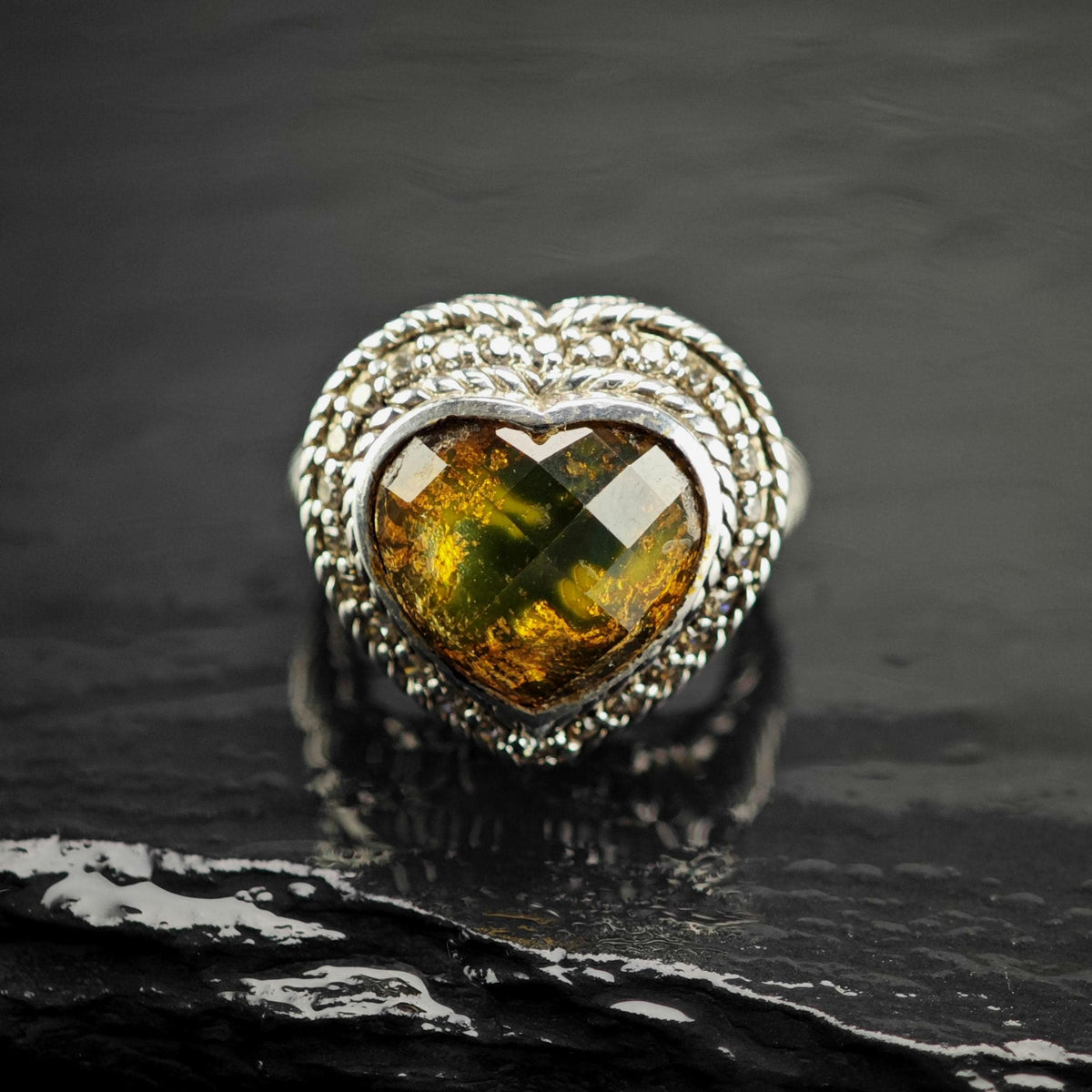 Vintage Judith Ripka Heart Quartz Doublet CZ Sterling Silver Ring Sz 4 R6819