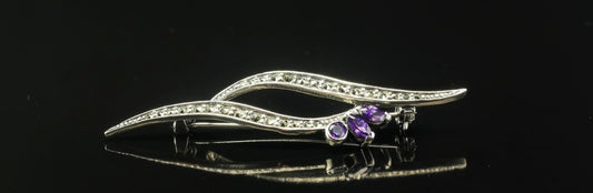 Sterling Silver Purple CZ & Marcasite Brooch