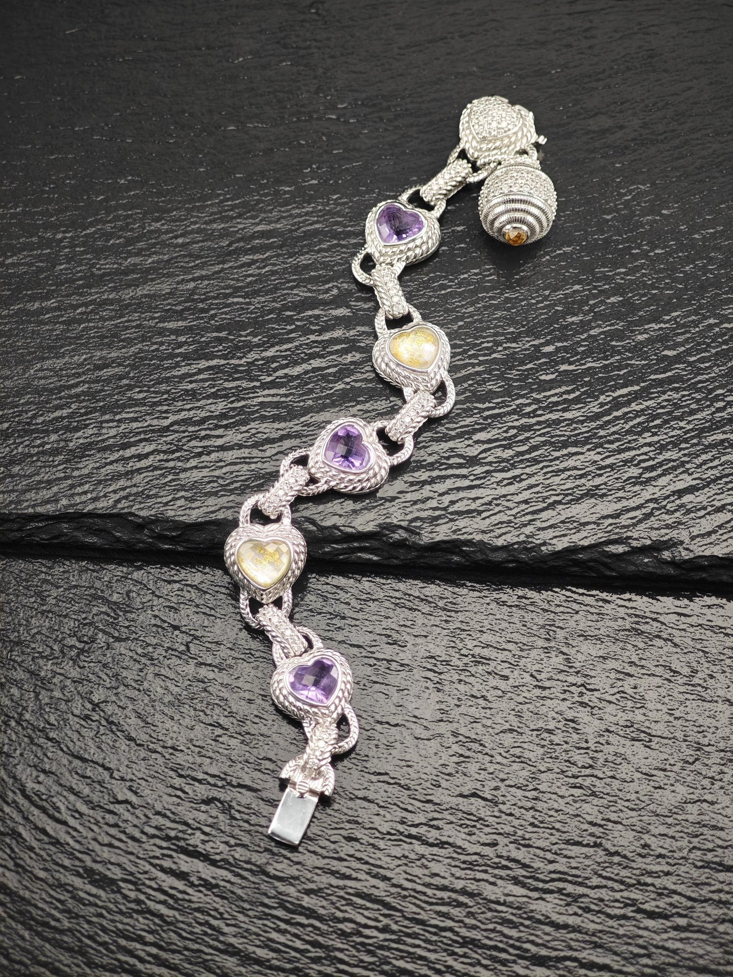 Judith Ripka Amethyst Heart & Doublet Link Bracelet Sterling Silver