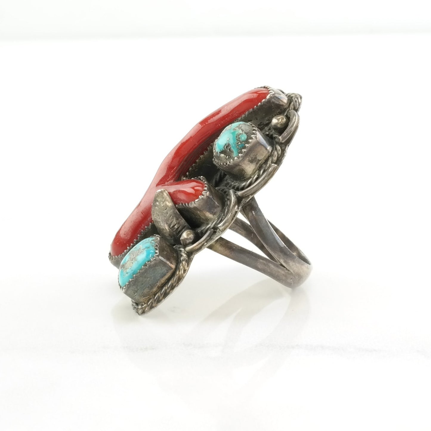 Native American Silver Ring Turquoise, Coral Sterling Blue, Red Size 7