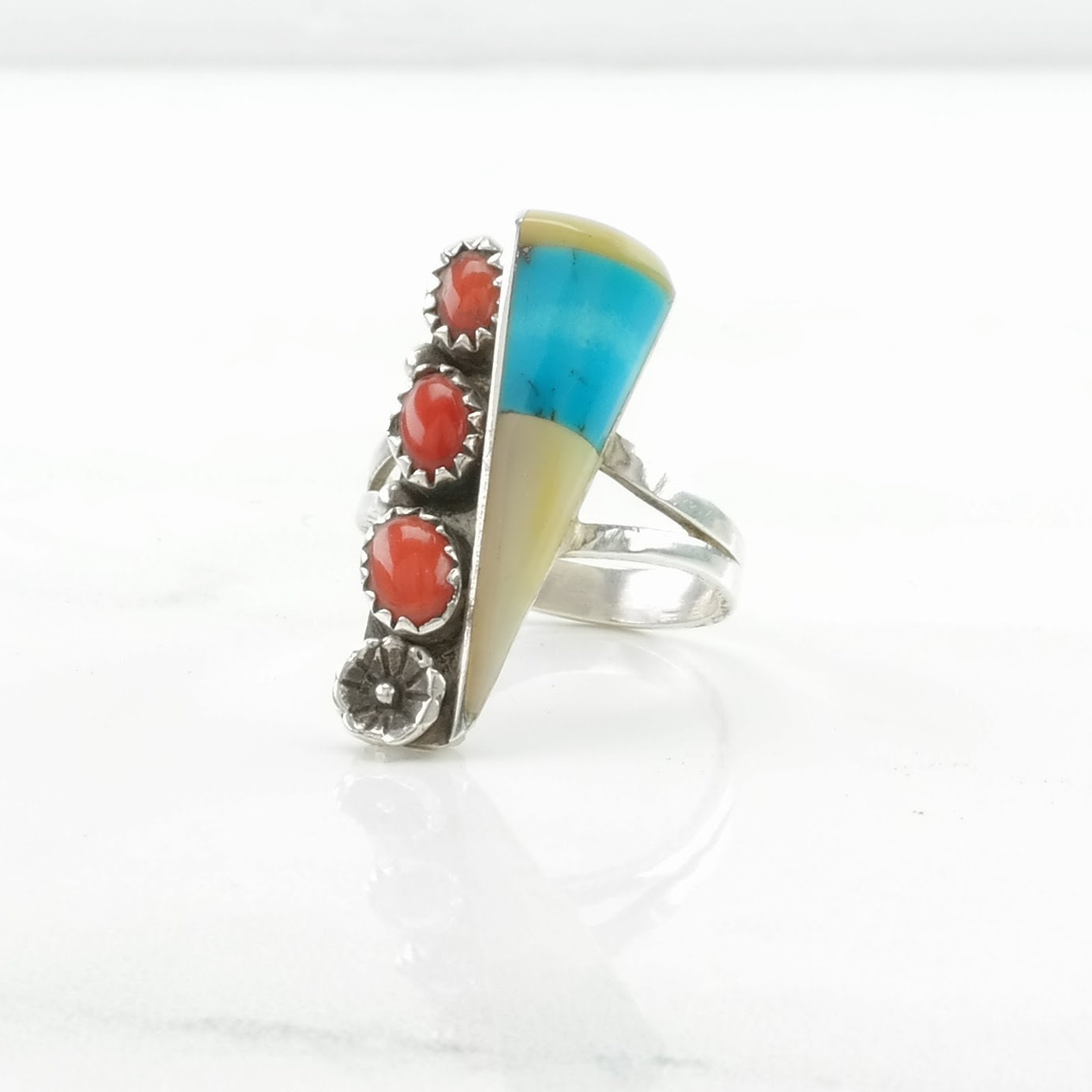 Native American Silver Ring Turquoise, Coral, MOP Inlay Sterling Size 7