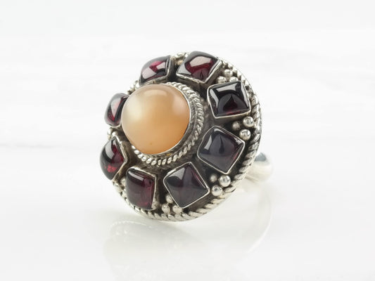 Modernist Silver Ring MOP, Garnet Sterling Size 5 3/4