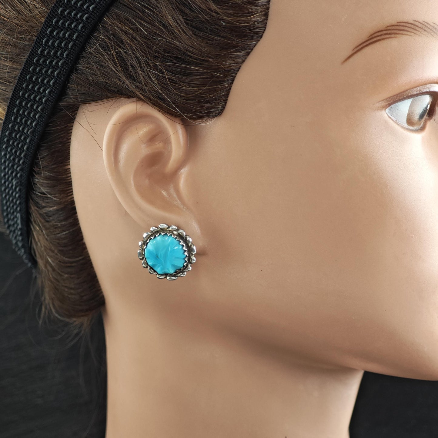 Vintage Zuni, Native American Carved Turquoise Stud/Clip On Sterling Silver Earrings ER3169